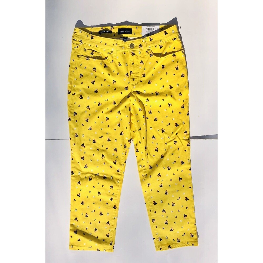 Charter Club Women's Bristol Capri Sz. 4 Yellow/Flowered Tummy Slimming, Stretch